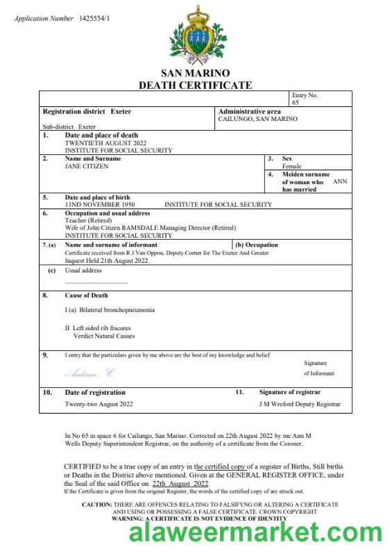 San Marino death certificate Word and PDF template